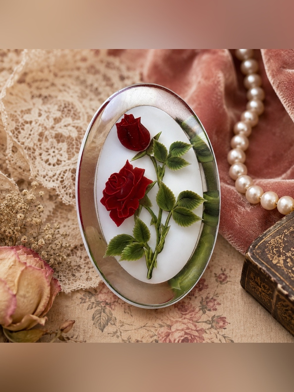 Gem-Tone Hand Carved Rose Lucite Brooch Vintage Oval Red Roses Floral Pin